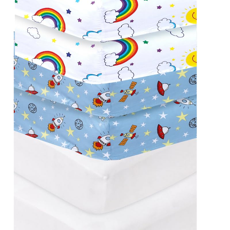 6 X Cot Bed Fitted Sheets, 70 x 140 cm Easy Care Fine Quality (Rainbow-Space Blue-White)