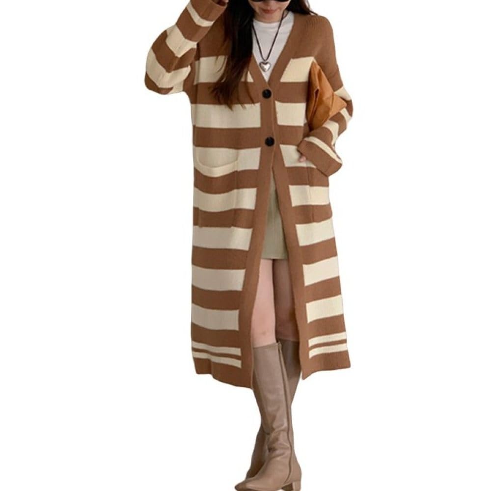 Cárdigans Largos Para Mujer,Rayas Vintage Cárdigan Largo De Punto Botones Delanteros Abiertos Suéter Con Cuello En V Para Mujer Abrigo Otoño Invierno Chaqueta De Punto Suelta Y Cálida Suéter P