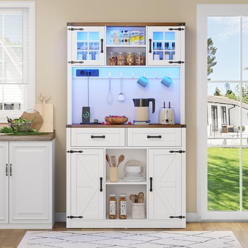Aparador mueble bar blanco con luces led y estacion de carga usb tipo c alacena alta cocina con puertas de granero y vitrina de cristal buffet para cafeteria comedor mdf madera estable vivienda
