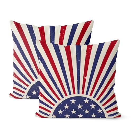 DAFENA 4th of July Pillow Covers 18x18 Inch 2 Pcs Blue Red Striped Sunshine Outdoor Decor Throw Pillows Patriotic Star Farmhouse Holiday Decoration Pillowcase Linen Cushion Cover for Couch Sofa Bed