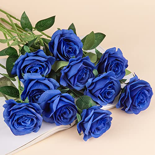 Flojery 10Pcs Royal Blue Silk Roses Artificial Rose Flowers Long Stem For Diy Wedding Bouquet Table Centerpiece Home Decor (Royal Blue) #TOP1