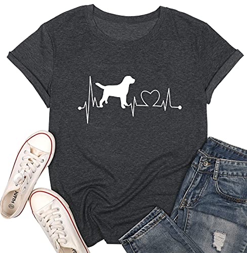 Women Dog Graphic with Heartbeat T-Shirt Dog Lovers Shirts Love Heart Casual Dog Mama Tee Tops Dark Grey