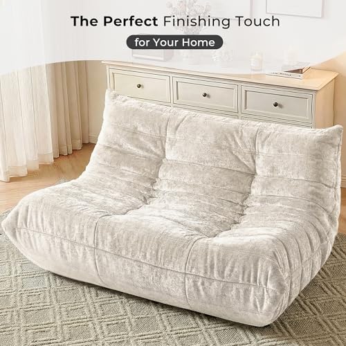 Image of HABUTWAY Giant Bean Bag Chairs Loveseat for Adults,2 Seater,Beige | Loveseat Fireside Chair, Memory Foam Lazy Bean Bag Couch for Living Room, Bedroom, Dorm, Office