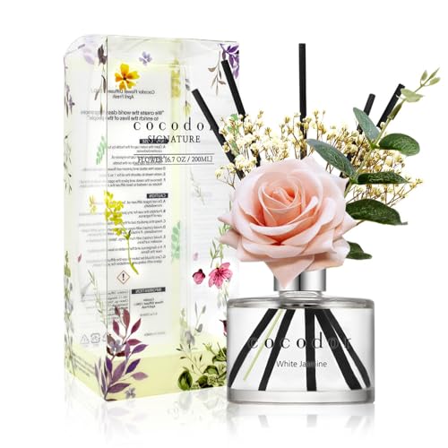Image of COCODOR Rose Flower Reed Diffuser /White Jasmine /6.7oz /1Pack / Home Fragrance Scent Essential Oil Stick Diffuser for Bedroom Bathroom Home Decor for Women