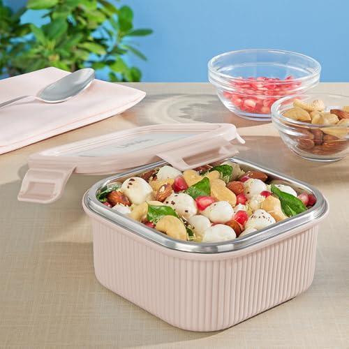 Image of Larah by BOROSIL Freshbyte Food Storage Container with Airtight Stainless Steel Lid | Fridge Container for Lunchbox | Food Grade | Microwave Safe (Beige, 400 ml, Square)