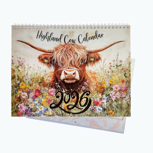 Image of 2026 Highland Cow Wall Calendar- Funny & Whimsical Highland Cattle Calendar, Animal Lovers & Home/Office Decor, 12-Month Spiral-Bound Calendar (Flower Highland cow)