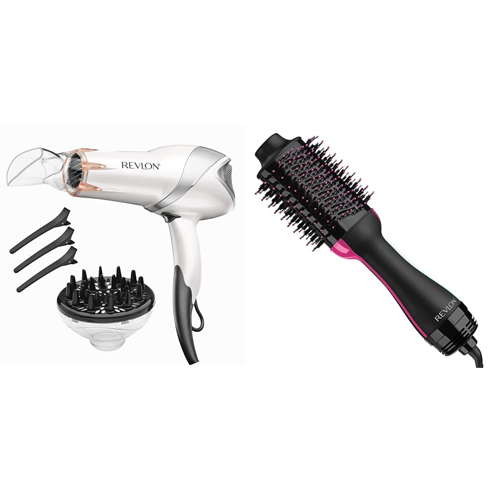 REVLON 1875W Infrared Hair Dryer & One-Step Volumizer Hot Air Brush Bundle, Black, 1 Count Each