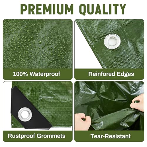 Image of 1 Pcs 12 x 20 ft 5.5 Mil Large Waterproof Tarps Heavy Duty Multipurpose Protective Cover for Home Boats RVs Cars Camping Tent Patio Furniture Roof Emergency Rain Shelter, Army Green