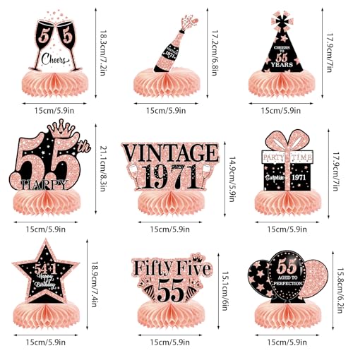 Image of 9Pcs 55th Birthday Decorations Honeycomb Centerpieces for Women, Rose Gold Pink Happy 55th Birthday Centerpieces Tables Toppers Party Decorations Supplies, Vintage 1971 Aged Table Sign Decor