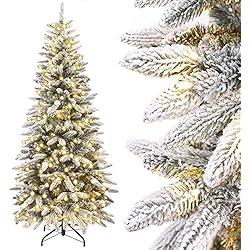 Yorbay Árbol de Navidad Artificial, Slim Estrecho, con Luces Led y Copos de Nieve Decoracion Navideña, Soporte en Metal (180cm)