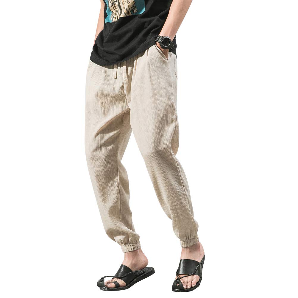 Vanvene - Pantaloni casual da uomo in lino e cotone, leggeri e larghi, da spiaggia, yoga, gamba ampia