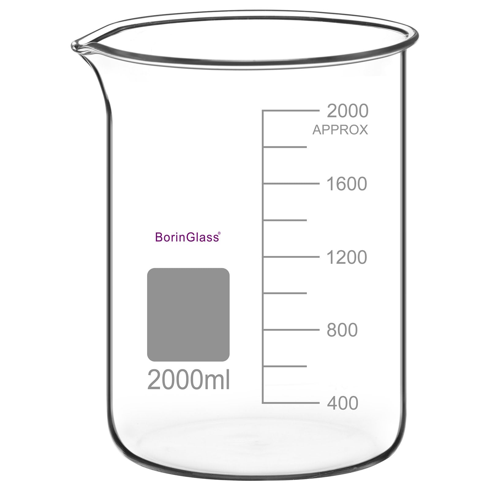 BorinGlass Borosilikatglas-becherglas 2000 Ml, Niedrigform Griffin Graduierter Messbecher mit Tropffreiem Ausguss für Präzises Ausgießen Und Mischen Bei Laborversuchen