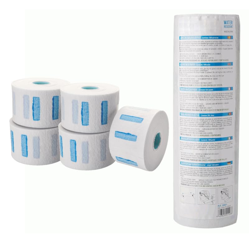 Pack de 5 Rollos de papel desechable para cuello - Tiras de papel de cuello - Papel protector de cuello - tiras adhesivas para cuello - ideal para barberías y peluquerías - 500 servicios
