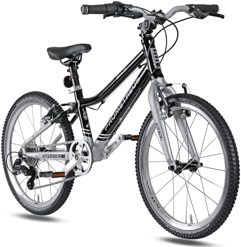 PROMETHEUS BICYCLES Bicicleta infantil Pro de 20 pulgadas para niños y niñas, de 20 pulgadas, de aluminio, muy ligera a partir de 6 años, 7 marchas, de Microshift, color negro y plateado