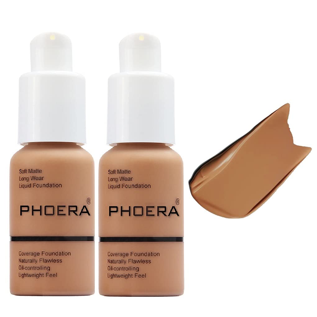 2 Pack PHOERA Foundation, Durable Waterproof Oil Control Concealer Flawless Soft Matte Liquid Foundation.107- Hone