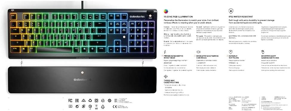 SteelSeries Apex 3 Whisper Quiet IP32 Water & Dust-Resistant Gaming Keyboard - Prism 10-Zone RGB Illumination - Premium Magnetic Wrist Rest
