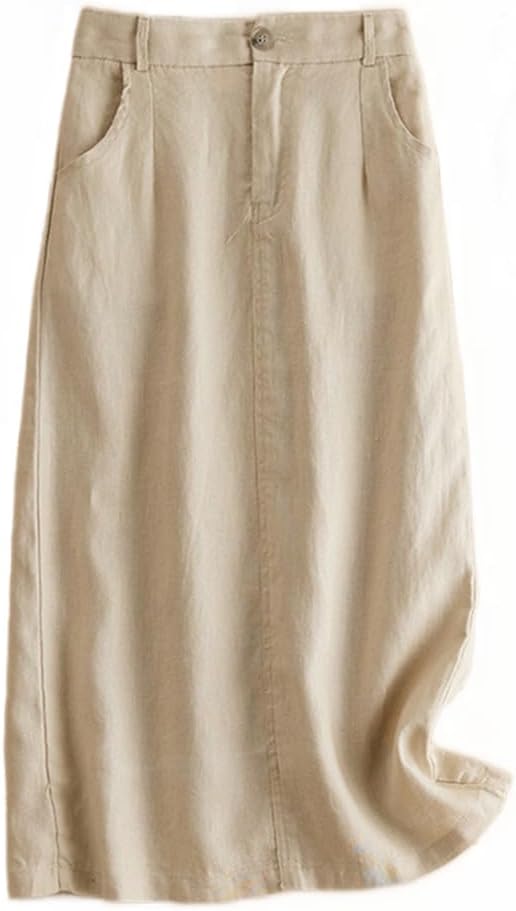 Kinghua Womens Linen Skirt Elastic High Waisted Casual Straight Cotton Linen Midi Skirt with Slit