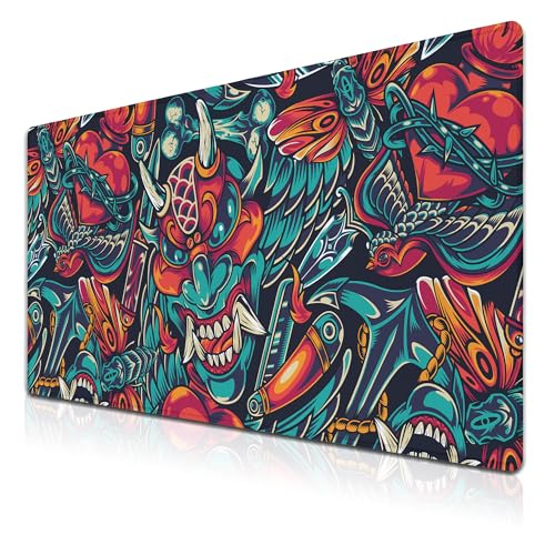 Samgula Keyboard Pads Modern Desk Mat Gaming Mousepad XXL Mouse Pads Office Items Non-Slip Rubber Base Waterproof with Stitched Edges 35.4 X 15.7 for Game Office, Vintage Tattoos Art