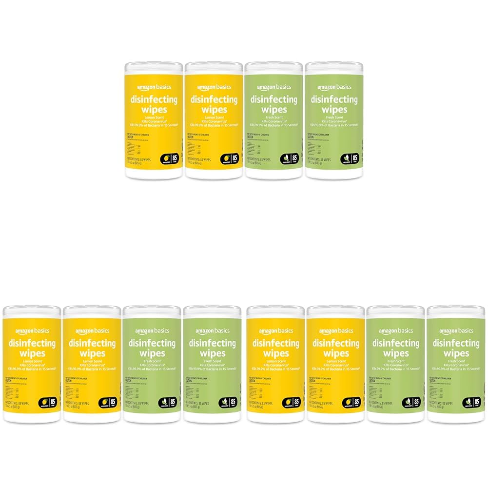 Amazon Basics Disinfecting Wipes, Lemon & Fresh Scent, Sanitizes/Cleans/Disinfects/Deodorizes, 340 Count (12 Packs of 85)