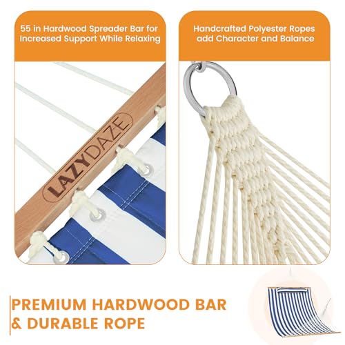 Image of Lazy Daze Hammocks 12FT Quilted Fabric Double Hammock with Spreader Bars and Detachable Pillow, 2 Person, 450lbs Capacity, Blue White