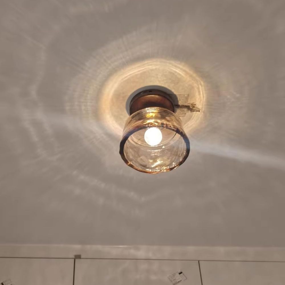 Półwpuszczana lampa sufitowa w stylu chińskim w stylu vintage z abażurem ze szkła burszowego i drewnianą ramą. Wykończenie z mosiądzu i klosz o wymiarach 16,8 cm (6,6 cala). Idealny do kuchni