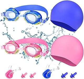Oziral Kids Swimming Goggles Cartoon Swim Goggles for Junior Children Girls Boys Anti-fog UV Protection Swimming Glass with Case Nose Clip Earplugs and Swimming Cap