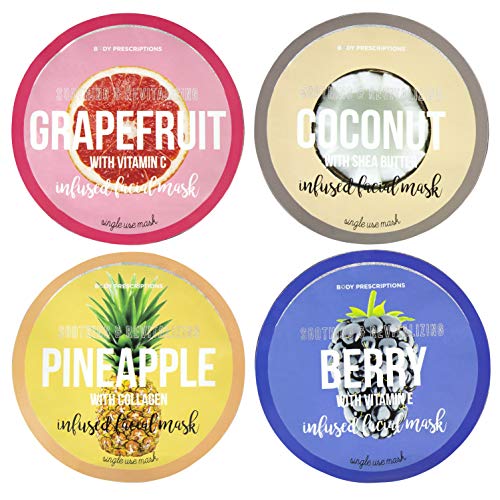Body Prescriptions Set of Four Face Masks, Moisturizing Face Mask Variety Pack, Revitalizing Collection of Grapefruit, Coconut, Pineapple and Berry Infused Facial Masks for Women's Skincare