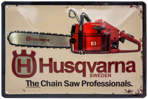 Plaque en tôle rétro – Scie à chaîne, forêt, bûcheron – tôle d'acier gaufrée de qualité supérieure – Panneau décoratif, effet 3D – 30 x 20 cm