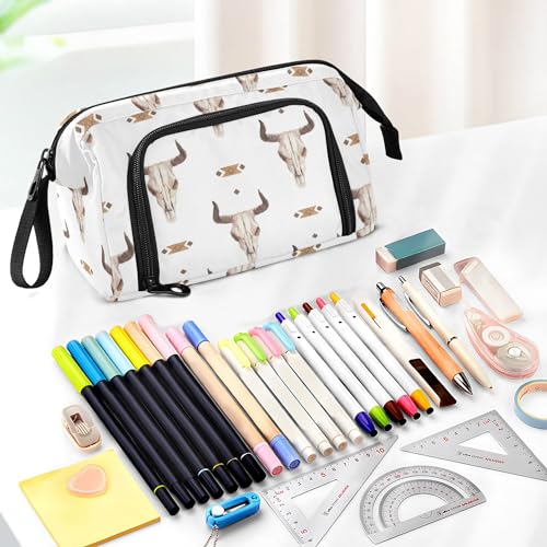 Image of Fisyme Western Bull Skull Pencil Case Large Capacity Pencil Pouch Pen Bag Box Big Makeup Pencil Case Organizer