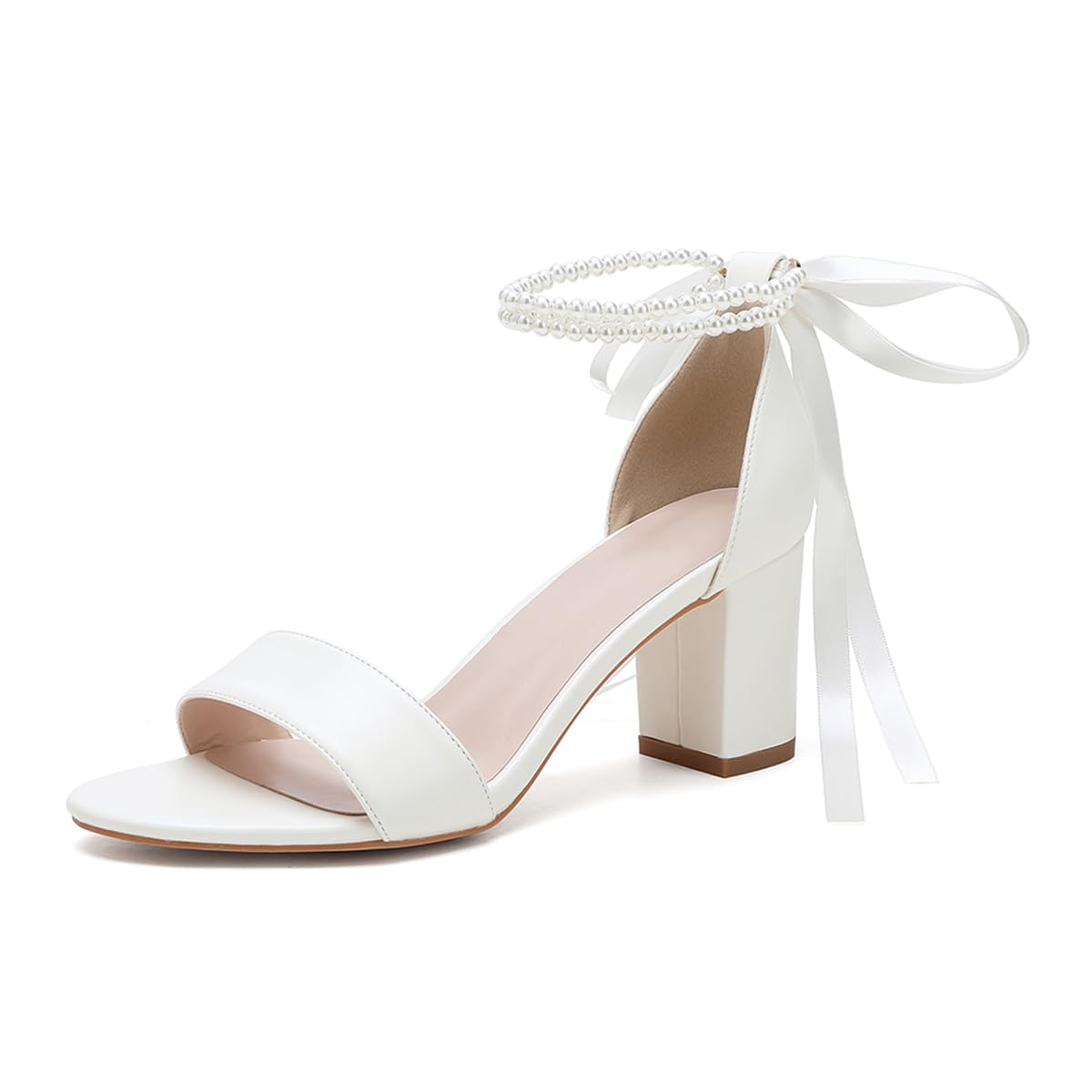 Sandalen Damen Offener Zehenbereich Satin Sandaletten mit Mittlerem Absatz Perles Knöchelriemen Brautschuhe
