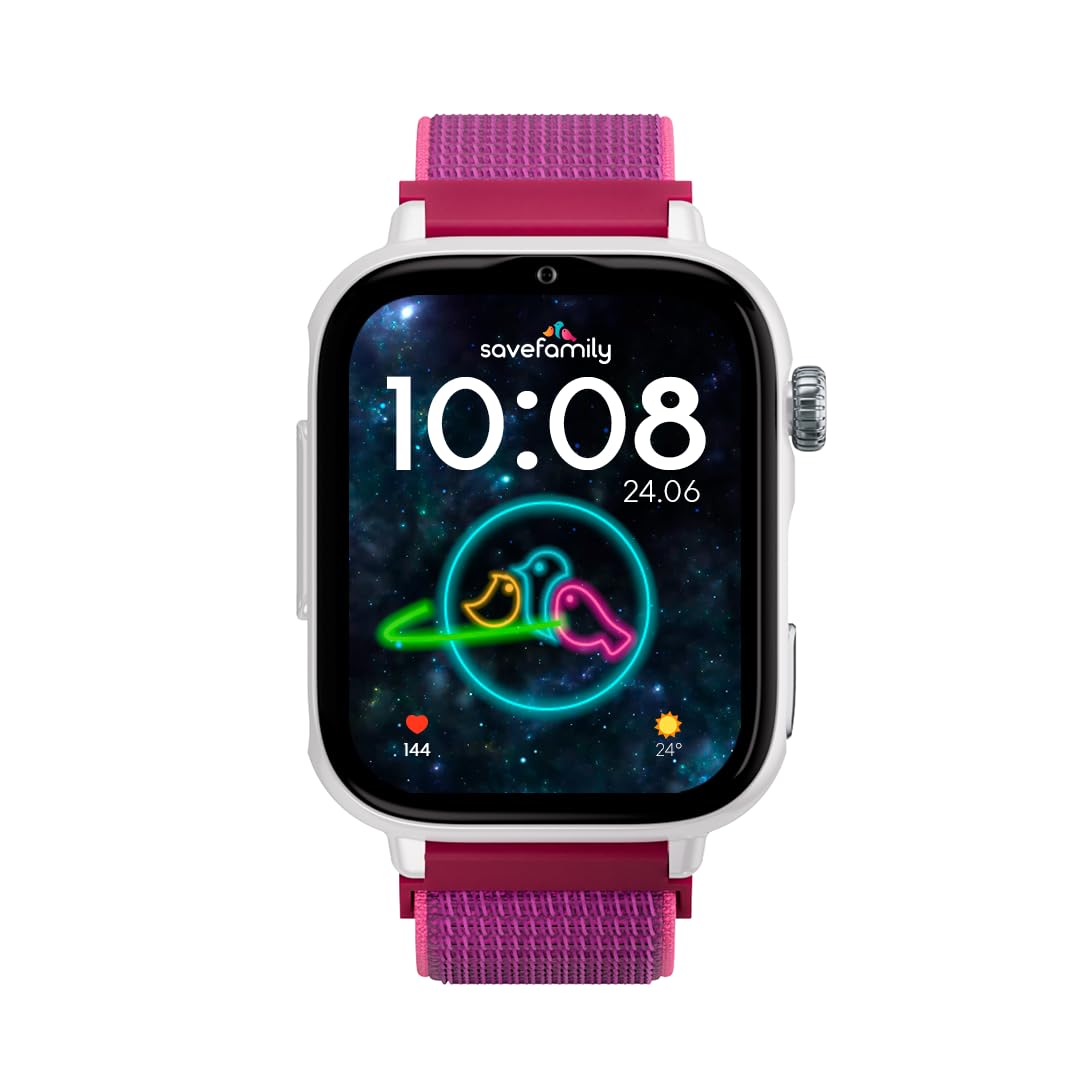 SaveFamily SaveWatch Plus 2 | Montre Connectée pour Enfant avec GPS | Localisateur GPS, Appels, Vidéo, WhatsApp, Spotify, App Store, Cadran Blanc et Bracelet en Tissu Framboise