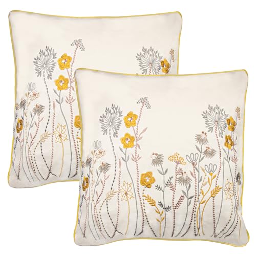 Image of ELANE Embroidered Pillow Covers - Decorative Floral Throw Cushions 18x18 Inch for Couch, Office, Living Room, Sofa, Bed, Car (White, 2 Pack)