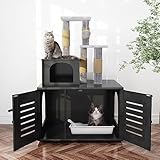 DKLGG Large Wooden Cat Tree House with Hidden Litter Box Enclosure | Multi-Functional Cat Furniture Featuring Sisal Scratching Post, Plush Perch Platform & Divided Condo for Indoor Cats (Black)