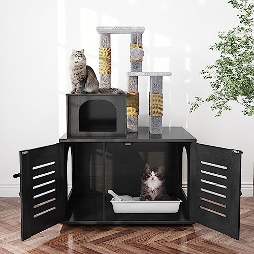DKLGG Large Wooden Cat Tree House with Hidden Litter Box Enclosure | Multi-Functional Cat Furniture Featuring Sisal Scratching Post, Plush Perch Platform & Divided Condo for Indoor Cats (Black)