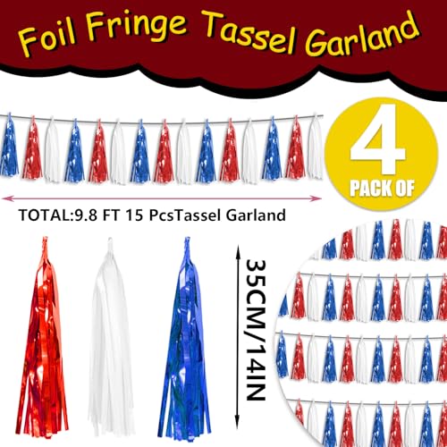 Image of 4P Red Blue White Foil Fringe Metallic Tassel Streamers Banner Tassel Garland for Parade Floats, Graduation, Wedding, Birthday, Halloween, Christmas, Independence Day, 4th of July, Party Decorations