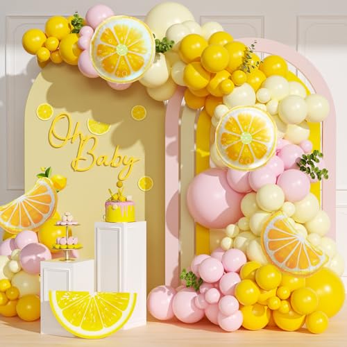 Lemon Balloon Arch, Pink and Yellow Balloon Arch Kit with Pastel Yellow Light Pink Foil Balloons for Lemon Baby Shower Bridal Shower Birthday Party Decorations
