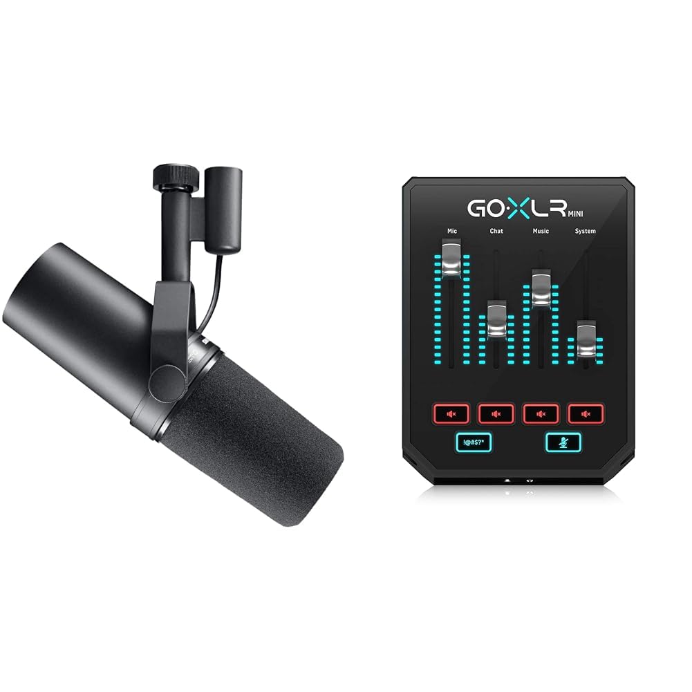 Shure SM7B Dynamiczny mikrofon wokalny do transmisji, podcastów i nagrywania, czarny & Tc Helicon Go Xlr Mini Mikser i Interfejs Audio, Czarny, 239×216×116mm