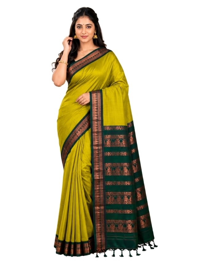 Image of Pure Kalyani Cotton Saree | Zari Border & Blouse Piece - Lata Gadwal Design | Traditional Saree