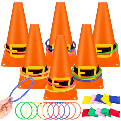 26PCS Christmas Ring Toss Game for Family Party Christmas Party Games for Kids Xmas Reindeer Carnival Game Party Supplies Decoration Indoor Outdoor with 6 Plastic Cones 10 Toss Rings 10 Sandbags