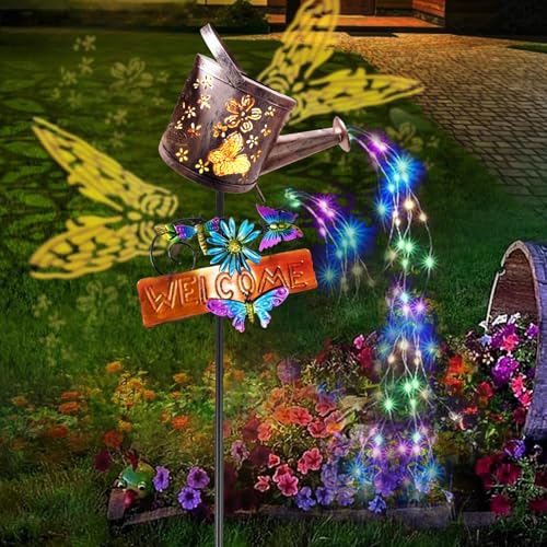 Solar Gießkanne Lampe, Wasserdicht Solarlampen für Außen mit Ständer, Metall Fairy Star Shower Deko Lampen LED Schmetterling Solar Laterne für Balkon Terrasse Gehweg Hof Weg (Warme Farben)