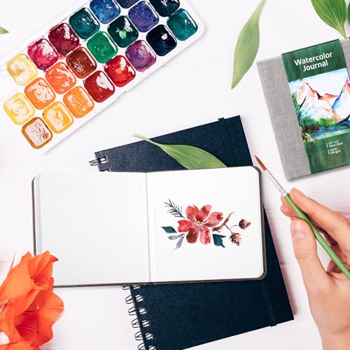 Image of Dispowreath 4 Set Watercolor Sketchbook Journal with Watercolor Brush Pens 300 GSM Cotton Paper Portable Square Small Pocket Notebook Travel for Painters Art Supplies (3.9 x 3.9 Inch)