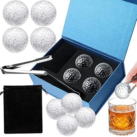 Christmas Whiskey Stones Gift Set for Men Includes 4 Pcs Glass Golf Ball Whiskey Chillers and Stainless Steel Tongs Storage Pouch Gift Box with Cotton Lining for Husband Dad Friends Gift Supplies Cover