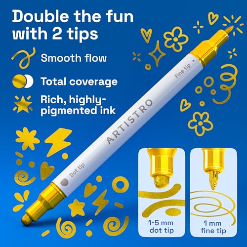 Image of ARTISTRO 5 Gold Dual-Tip Acrylic Paint Markers - Paint Pens Set with Dot & Fine Tips for Fabric, Rock, Glass, Wood, Coloring Books - Arts & Crafts Gift - Classroom Must Haves & School Supplies