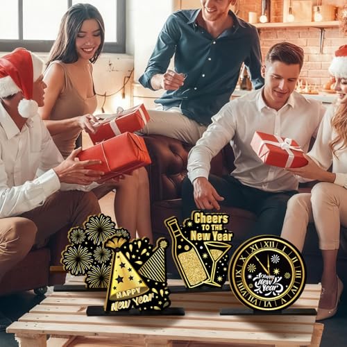Image of Suzile 6 Pieces New Years Wooden Centerpieces Happy New Year Eve Table Decorations 2026 Black Gold Glitter Indoor Decor Eve Party Holiday Supplies for House Celebrations