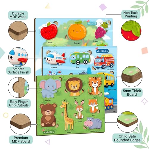 Image of Lefan Wooden Peg Puzzle Set for Kids 2-4 Years | Animals, Fruits & Vehicles Learning Puzzle Boards | MDF Wooden Educational Toy for Toddlers | 3 Boards with Easy Grip Pieces