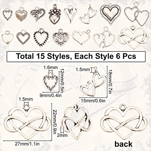SUNNYCLUE 1 Box 90Pcs 15 Styles Valentines Day Antique Silver Heart Charms Hollow Love Charms Hearts Shaped Tibetan Style Romantic for Jewellery Making Wedding Gifts Handmade Crafts - Image 2