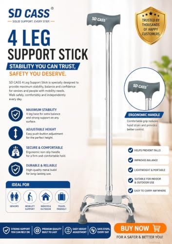 Image of Quadripod Adjustable Walking Stick with Adjustable Height | Non-Slip Grip Handle for Men & Women Patients, Old People | Lightweight Durable Aluminium Frame Pack of 1