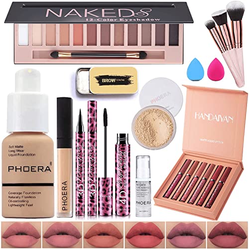All In One Makeup Kit,12 Colors Eyeshadow Palette,PHOERA Foundation,6 Colors Lipstick Set,PHOERA Primer Powder Concealer Contour,Eyebrow Soap,Waterproof Eyeliner and Mascara, Makeup Brush Set