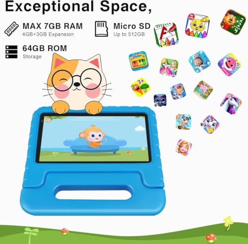 Image of JUSYEA Tablet 7-Inch Android, 64GB ROM (1TB TF), Octa-Core, Widevine L1, GPS, 5G+2.4G WiFi 6, 3500mAh, BT 5.0, Parental Controls, EVA Silicone Protective Case-Blue