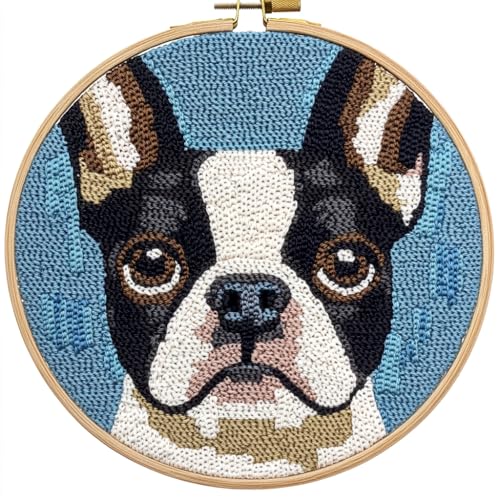 Punch Needle Kits Cute Boston Terrier Dog Face Easy for Beginners DIY Punch Needle Yarn Starter Embroidery Set for Craft Lovers with Printed Pattern and Hoop for Home Decor 20x20cm(1)
